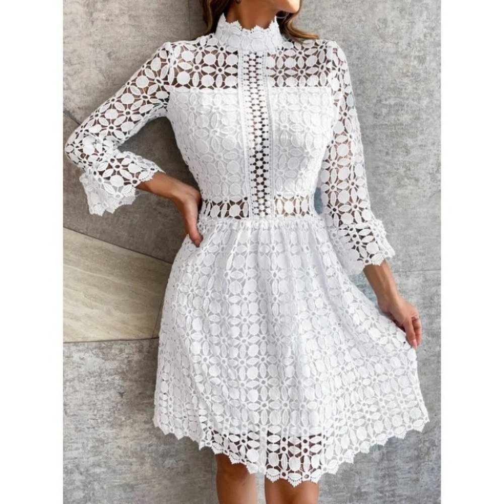 White mock neck Mesh Insert Flounce Sleeve Lace Dress - Picture 2 of 7